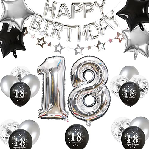 18. Geburtstag Dekorationen Silber Schwarz, Sternbanner Nummer 18 Luftballons Stern Folienballons 18. Geburtstag Konfetti Luftballons für Jungen Mädchen
