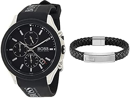 BOSS Watches and Jewelry Herren Chronograph Uhr und Schwarzes Lederarmband