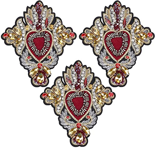 INFUNLY 3 Stück Perlen-Strass-Herz-Patches Zum Aufnähen Für Jacken, Stickerei, Perlen-Patch, Herz-Applikation, Patches Für Kleidung, Kleid, Jacken, Handtaschen, Schuhe, DIY-Dekoration