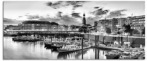 Pixxprint Glasbild Panorama, Wandbild aus Echtglas, Hamburger Hafen am Abend, 120x50 cm, inkl. Aufhängung und Abstandshalter
