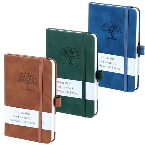Anteckningsbok A6, set med 3 anteckningsböcker, liten, 14,4 cm x 9,6 cm anteckningsblock, brun, grön, blå, 192 sidor, anteckningsblock, a6, journal, resedagbok, anteckningsbok läder, präglingsdesign