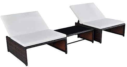 ZEYUAN Sonnenliegen 2 STK. mit Tisch, Gartenliege, Strandliege, Relaxliege Garten, Saunaliege, Campingliege, Poolliege, Liege Garten,Poly Rattan Braun