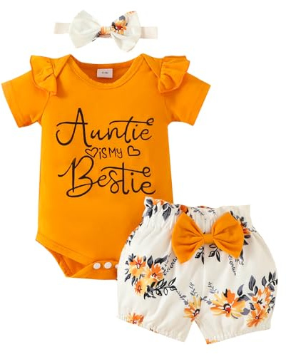 JiAmy Baby flickor kläder, nyfödd outfit set pappas flicka volang kortärmad bodysuit shorts med pannband 3 st set för 0-3 månader, Orange, 9-12 Months