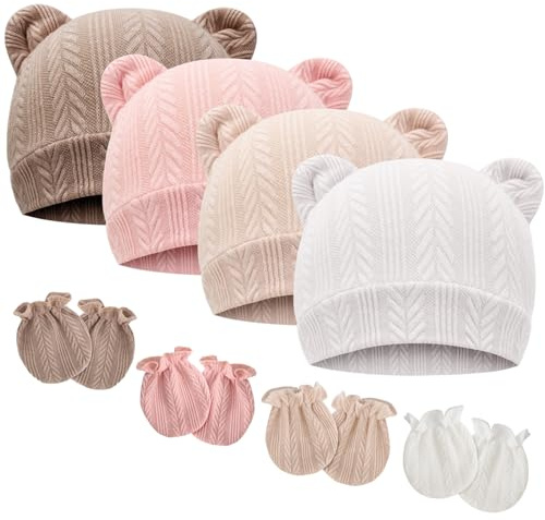 DRESHOW Newborn Baby Beanie Hat and Gloves, Baby Girl Beanie Spring Summer Autumn Winter Hats for 0-6 Months Infant Cotton