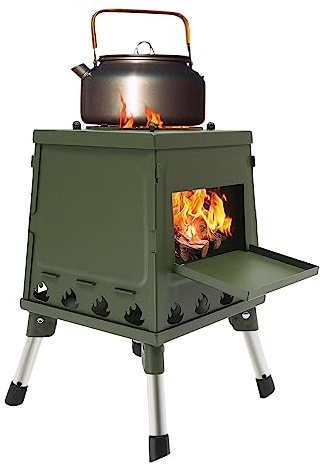 Hornillo de camping, estufa de leña al aire libre, resistente al óxido, barbacoa, camping, tienda de campaña, horno de leña, con bastón, guantes y juego de bolsa, actividades al aire libre, para