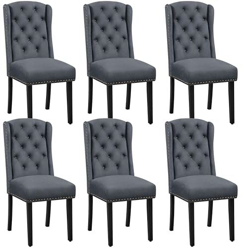 Yaheetech Classic Dining Room Chairs Set of 6 with Wooden Legs, Deep Grey | Button Tufted Kitchen Chairs with High Back & Thick Seat Cushion, Upholstered Dining Room Chairs for Dining Room Home