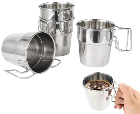 Backpacking Mugg, Vandringskopp - 4 st 300 ml rostfritt stål backpacking koppar | backpacking kaffekopp metall campingmugg med vikbart handtag, drickkopp för loga