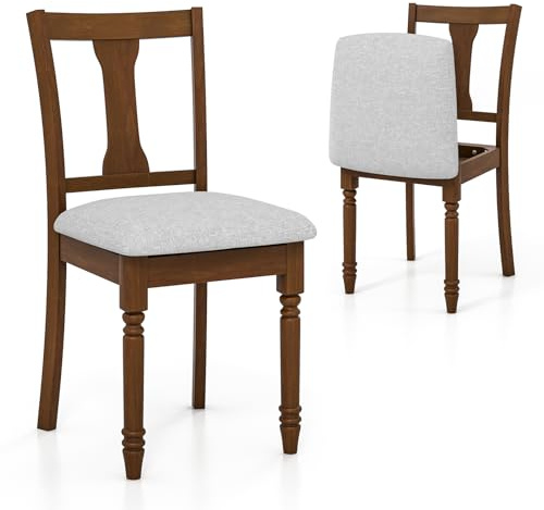 Juego de 2 sillas de comedor de tela de lino con patas de madera de acacia acolchadas, asiento tapizado, sillas decorativas para sala de estar, capacidad de carga de 160 kg, nogal y gris