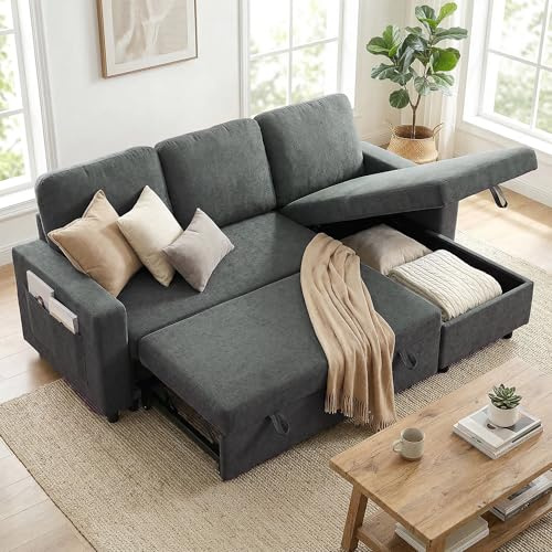 HOMCOM Sofa Bed with Storage, Convertible L Shaped Corner Sleeper Couch, 3 Seater Pull Out Sofa Bed with Reversible Chaise, Side Pockets for Living Room, Bedroom, Small Spaces, Charcoal Grey