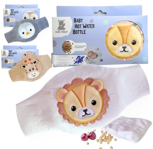 Hello Hippo – Baby Wärmegürtel aus Kirschkernen – Kirschkernkissen für Babys & Neugeborene – Gegen Koliken & Bauchschmerzen – Mikrowelle oder Ofen, Hipoallergen & Waschbar (Löwe)