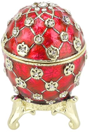 ZJchao Vintage Egg Shape Enamel Jewelry Box, Luxury Antique Treasure Chest with Hinged Lid, Sparkling Rhinestone Ornament Display, Multifunctional Trinket Organizer & Keepsake Box, Red