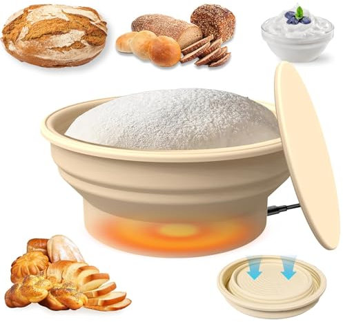 Ensemble de panier chauffant pour pain au levain,bol rond pliable de 22,9 cm bol à pâte thermostatique en silicone,Panier de Fermentation Rond pour la cuisson du pain Corbeille a Pain