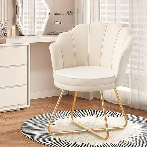 Hellove Schminktisch Stuhl aus Samt, Schminkstuhl Muschel Stuhl mit Gold Metallbeinen, Beige Vanity Sessel, Elegant Loungesessel, Armlehnstuhl für Schlafzimmer & Wohnzimmer