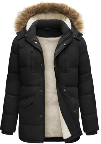 TOMEEK Herrrock lång parkas vadderad fleece dragkedja rockar utomhus vindtäta rockar huva dubbelskikt varm vinter quiltad jacka, Svart, M