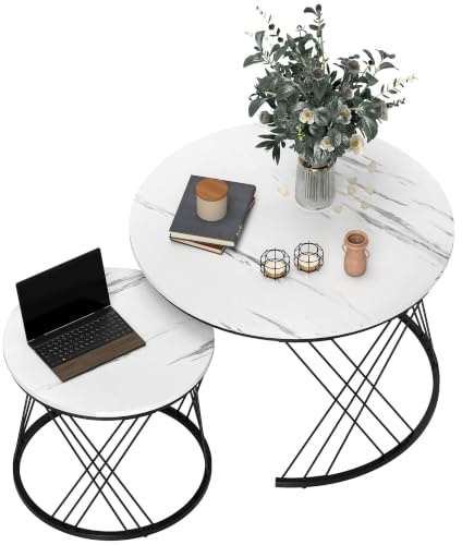 HOMCOM Couchtisch Rund 2er Set mit Marmoroptik Metallrahmen Weiß | Beistelltisch, Satztisch, Wohnzimmertisch, Kaffeetisch, für Wohnzimmer Schlafzimmer