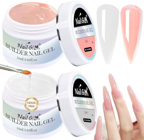 NAILGIL 2 Pots Builder Gel - HEMA-Free & MMA-Free, Clear and Nude Hard Gel for Nail Extensions, UV/LED Curing Nail Enhancement Gel for Salons & Home Manicures