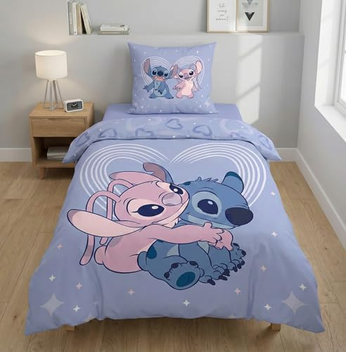 Juego de cama Stitch & Angel - Funda nórdica de 135 x 200 cm + funda de almohada 80 x 80 cm - 52% algodón 48% poliéster - Diseño oficial Disney - Ropa de cama infantil ultra suave y reversible