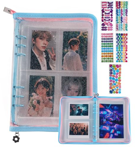 A5 Kpop Photocard Binder, 5 Sticker Sheets & 50 Card Pages,270 Slots,3 Card Slot Sizes.6-Ring Photo Card Holder Book,Cute Binder with Sparkly Clear Cover. Photo Album for K-pop Stan.（Blue)