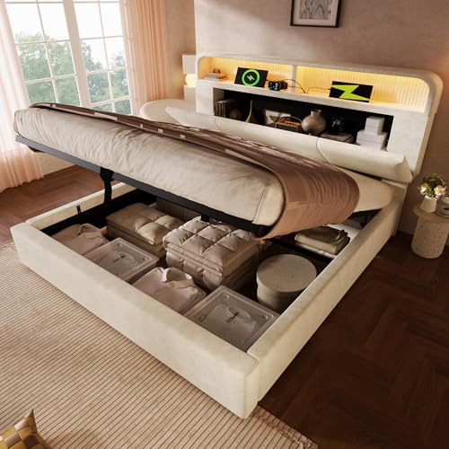 DEKKETO Boxspringbett 180x200 mit LED, 3 USB, 1 Tpy C, Beige, ohne Matratze | Polsterbett, Leinenstoff, hydraulischer Hebemechanismus, Kopfteilablage, Holzlattenrost, Metall-Holzrahmen, bis 250kg