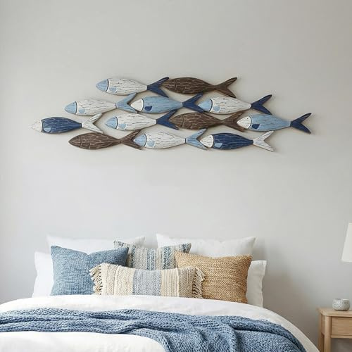 Mediterráneo Decoración De Paredes De Madera, Arte De Pared De Banco De Peces Vintage Envejecido, Escultura De Pared De Playa Océano Muro, Para Dormitorio Sala De Estar Oficin(Size:Grande,Color:Azul)