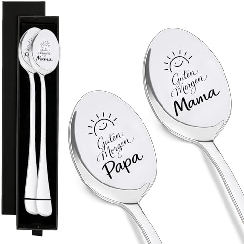 2 Stück Löffel mit Gravur Muttertagsgeschenke für Mama & Geschenke für Papa, Lustiges Ostergeschenk für Eltern, Edelstahl Teelöffel Set Guten Morgen Mama Papa, Geschenkbox als Geschenkideen für Eltern
