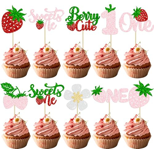 Gyufise Cupcake-Topper Sweet One Erdbeere, glitzernd, für den 1. Geburtstag, Cupcake-Picks, Erdbeer-Kuchendekorationen für Babyparty, Kindergeburtstag und Partyzubehör, Rosa, Rot, 30 Stück