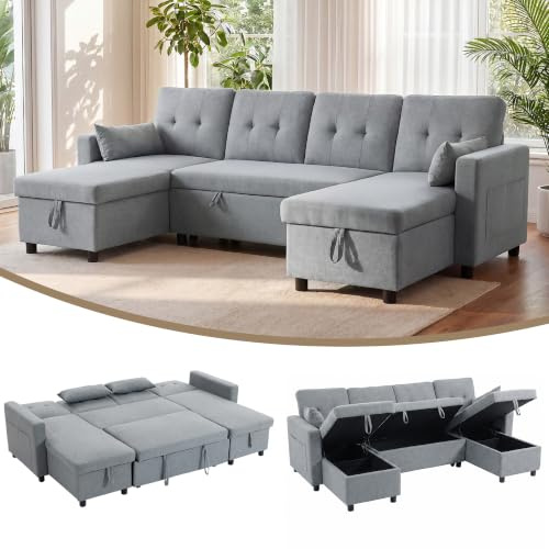 HOMCOM Ecksofa mit Schlaffunktion und Bettkasten U-Form 4-Sitzer Sofa Grau | Ausziehbares 3 in 1 Schlafsofa Mit Chaiselongue, Verstellbarer Rückenlehne, Kissen, Leinenoptik Schlafcouch für Wohnzimmer