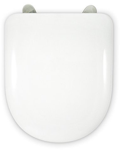 Tapa WC Compatible | Bisagra Especial Extra Larga Acero Inox | Forma D U | Ajustable y Extraíble | Fácil Instalación y Limpieza | Asiento Inodoro Muy Resistente | Blanco | 43 x 36 x 5 cm