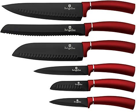 BerlingerHaus Haus Burgundy 6er-Set Profi-Küchenmesser, Klinge aus Edelstahl, Antihaftbeschichtung, Kochen Messer, Zwiebel, Brot, Santoku, Schälen, Ergonomischer Griff, Metallic Line Design, BH-2542
