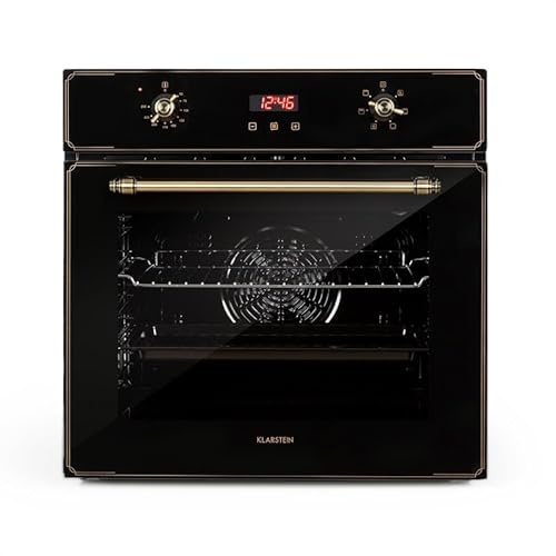 Klarstein Elizabeth - Elektrischer Einbaubackofen, Retro-Design, 70L, EEK A, Autark, Umluft/Ober- / Unterhitze/Grill, 2200 Watt, 50-250 °C, Drehregler und Türgriff in Messingoptik, schwarz