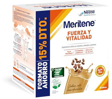 Meritene, Fuerza y Vitalidad, Batidos Sabor Café Descafeinado, Fuerza para tus Músculos, Vitalidad para ti, Nutrición para Adultos con Proteínas, Vitaminas y Minerales, 30 Sobres, 900 gr
