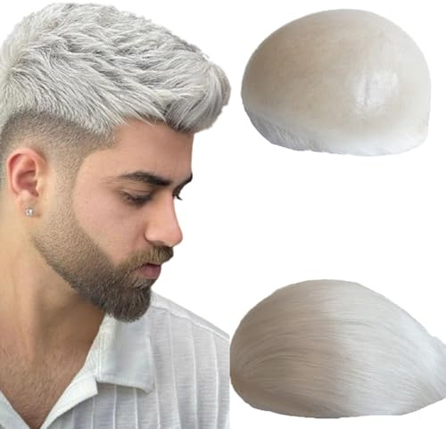 N.L.W. Peluquín de cabello natural para hombres, 0,04 mm V-Loop PU transparente y fino Postizos de cabello natural europeo para hombres #Gris