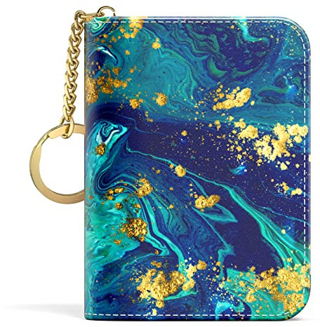Aiawoxc Kreditkartenetui für Damen, kleine RFID-Geldbörse, schmal, Leder, Visitenkarten-Organizer, Etui mit Reißverschluss und Schlüsselanhänger, Ocean Marble, Keychain, Modern