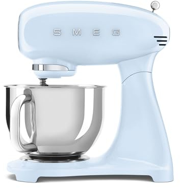 Smeg, Robot sur Socle SMF03PBEU, 10 Niveaux de Vitesse, Fonction Mise en marche progressive, Bol 4,8 L, Verrouillage Moteur de Sécurité, 3 Batteurs, Crochet et Couvercle Fournis, 800W, Bleu Azur