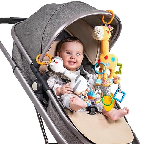TUMAMA KIDS Juguetes para cochecitos, Juguete Musicales sonajeros para bebés de 0 a 12 Meses, 2 Peluches de Jirafa y Cebra para barandillas, sillas de Coche, Juguetes de Regalo para niños de 0+ mese