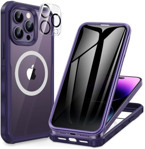 CENHUFO Magnetica Privacy Cover iPhone 14 Pro Max, [Compatibile con Magsafe] Integrata Vetro Temperato Anti Spia Schermo e Protezione Fotocamera, Custodia Antiurto 360 Gradi Doppia Case -Viola scuro