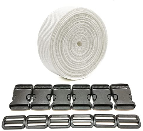 Cinta de Mochila 3 Metros x 50 mm + 12 Hebillas de Plástico, Cinta de Nylon con Broches, Correa de Mochila, Cincha para Equipaje, Correa para Maletas, (50mm, Blanco 101)