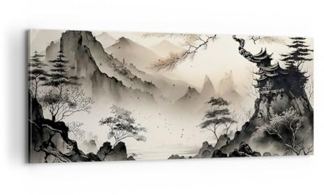 ARTTOR Leinwandbild 100x40cm Wandbild Landschaften Vintage - 5777 | Asien Japan Sicht Panorama Groß Wanddekoration Wohnzimmer Schlafzimmer Wanddeko Wand Kunstdruck Wandkunst Wall Decor ARTTOR