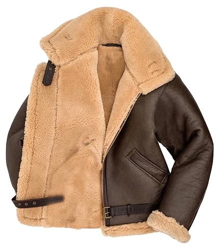 SWJGLITTR Herrenjacke aus Sherpa-Fell, warm, Winter, Kunstfell, B3-Bomber-Mantel, verdicktes Revers, Motorrad-Leder-Outwear