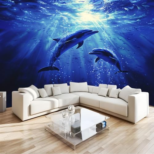Papeles Pintados de Pared delfín marino azul Fotomurales 400x280 cm Tejido No Tejido Papel Tapiz Fotográfico Decorativos Murales Dormitorio Oficina Hotel Spa