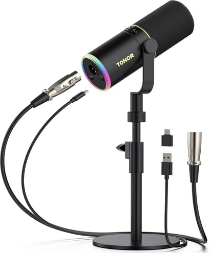 TONOR XLR/USB Gaming Mic, Dynamic Microphone for Podcast Recording Streaming with RGB Light, Mute Button, Headphones Jack, Monitoring,Desktop Stand, Metal Vocal Mic for PC Mac Android PS4/5 TD520S