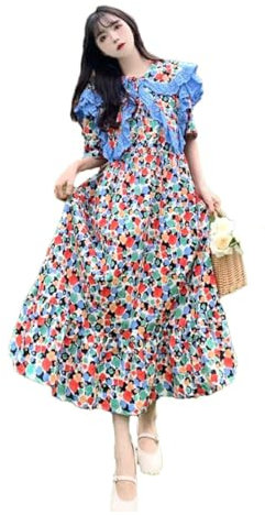 Grande Taille Femmes Élégant Imprimé Fleuri Boho Longue Robe Col Feuille De Lotus Vintage Robe D'été Dame Robes De Soirée en Vrac Photo Color 3XL