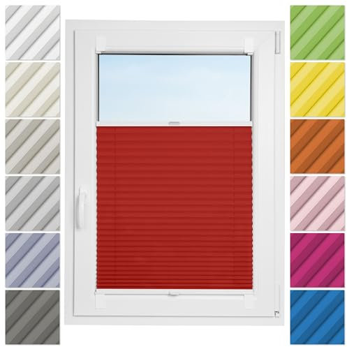 Estika Plissee ohne Bohren zum Kleben - 75cm Brite x 180cm Höhe - Rot - Selbstklebende Montage, Modern sichtschutz für Fenster, Jalousien Fenster ohne Bohren