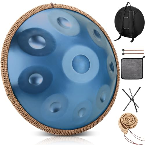 BIILOYY Handpan Drum, 22 Zoll 9/10/12/ Note 432/440 Hz Steel Tongue Drum in D-Moll Steel pan für Yoga-Meditation, Klangheilung (Blau, 9 Töne- 440Hz)