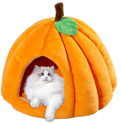 1pc Cat Cave Katzenbett Kürbis-Form Halloween Cat Cave Bett geschlossene thermische Katzenhaus weich Bequeme Dampproof-Katzenbetten für Innenkatzen, l