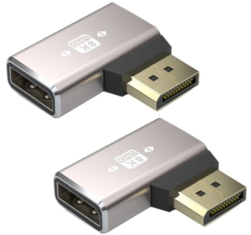 Adaptador acoplador DisplayPort 1.4 de 8K, ángulo recto de 90 grados DP macho a DP hembra, conector de extensión compatible con 8K @60Hz 4K @144Hz 1080p @240HZ, estéreo Full HD 3D 2 piezas (izquierda)