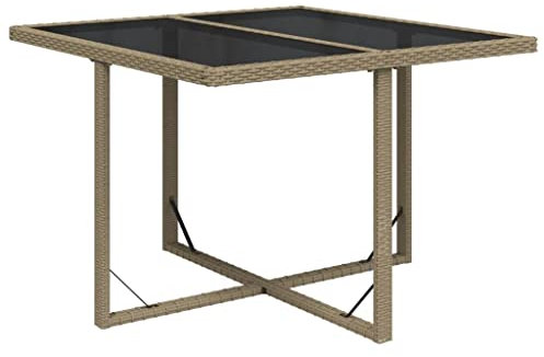 HETFTJN Loungetisch Outdoor Campingtisch Klein Bistrotisch Outdoor Picknicktisch - Gartentisch Beige 109x107x74 cm Poly Rattan und Glas für Balkon Terrasse Aufenthaltsraum Outdoor