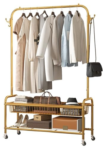 Metall-Kleiderstange, Rollender Kleiderständer, Garderobe Mit Haken, Bewegliches Kleiderregal,Bodenstange,Doppellagiger Dicker Aufbewahrungsbügel For Aufhängen Von Kleidung, Taschen, Schuhen, Stiefeln