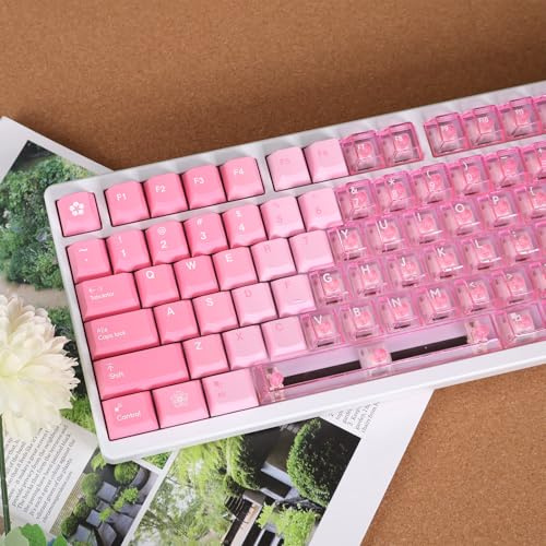 Crystal Clear keycaps+PBT Keycaps, Pink Gradient Transparent Keycaps 75 Percent, Custom Cherry Profile Shine Through KeyCaps for 100% 75% 65% 60% Mx Switches Mechanical Keyboard (156 Keys)