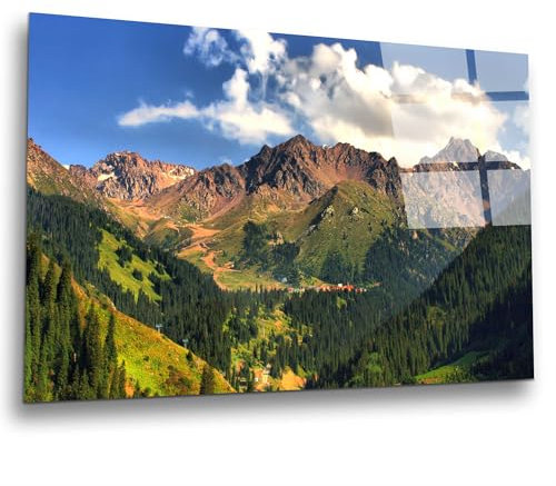 INDIGOS UG Luxus Glasbild - Berge Landschaft - 60x40 cm - ESG Echtglas bedruckt - Glasdruck - Wohnzimmer, Küche, Schlafzimmer, Badezimmer - Geschenk - Deko, Wandbild